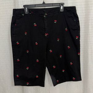 BRIGGS NY 16 Black Red Green Embroidered Cherry Print Cotton Bermuda Shorts